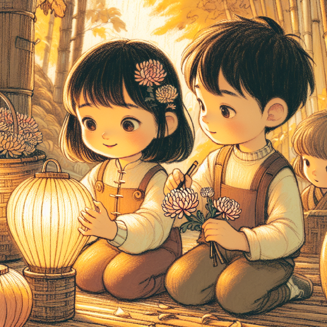 Xiaoming and Lili create a chrysanthemum lantern for the Double Ninth Festival and celebrate with their family on a mountain, enjoying the scenery and sharing stories.