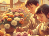 Xiaoming and Lili express their love for their grandparents by making a handmade card with chrysanthemums and a heartfelt letter for the Double Ninth Festival, bringing joy to their grandparents.