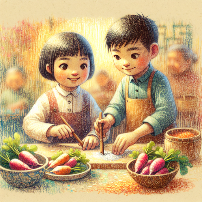 Xiaoming and Lili learn to make pickled radishes with their grandmother, enjoying the process and creating a delicious result.