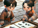 Lili and Xiaoming happily explore a local temple fair, where Lili buys calligraphy and Xiaoming tries sugar painting, enjoying the traditional crafts and promising to return.