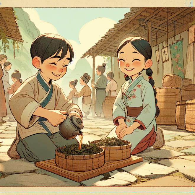 Lili and Xiaoming learn about tea picking and making at a tea farm, and happily share the tea they harvested with their family.