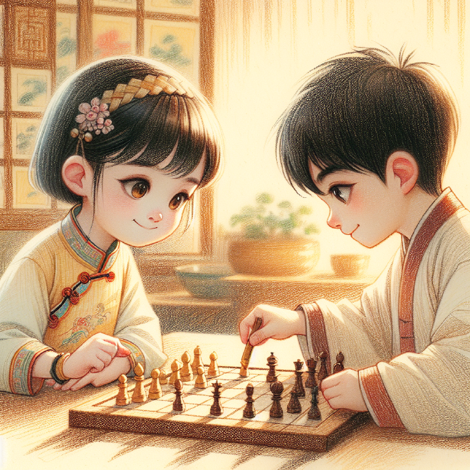 Lili patiently teaches Xiaoming to play Chinese chess, and Xiaoming, initially struggling, eventually finds the game enjoyable and insightful.