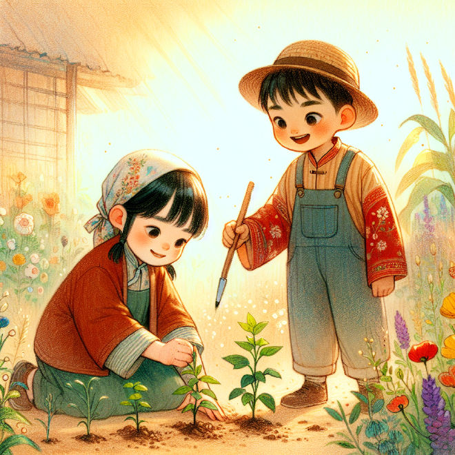 Lili and Xiaoming plant a colorful garden together, learning about nature and the rewards of hard work.