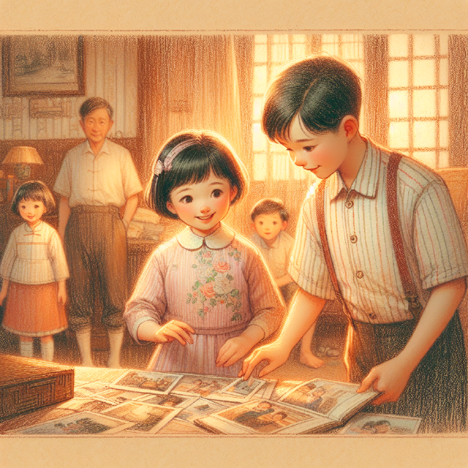 While cleaning, Lili and Xiaoming discover old family photos that spark their parents to share childhood stories, fostering a deeper connection and interest in their family history.