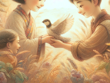 Xiao Ming and his mother care for an injured bird until it recovers and flies away, symbolizing freedom.