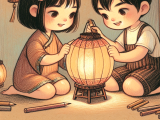 Two children make a lantern for the Mid-Autumn Festival, hoping it brings happiness, good luck, and family unity. The lantern's glow symbolizes the warmth and togetherness shared by the family during the festive evening.