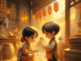 Two friends, Xiaoming and Lili, work together to decorate red lanterns and make New Year's blessing cards for Chinese New Year, creating a festive atmosphere in preparation for the holiday.