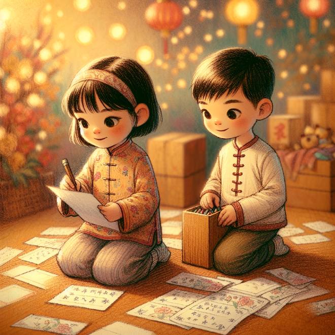 Xiaoming and Lili wrote down their New Year's wishes on paper, folded them into a box to open next year, and went to bed after wishing each other a happy new year.