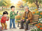 During the National Day holiday, Xiaoming and Lili took their grandfather to a park to see a chrysanthemum exhibition and took many photos with their phones. They admired chrysanthemums of many colors and shapes, and Grandpa was very happy. On the way home, they discussed making a family album with selected photos and captions to preserve the wonderful memories.