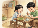On the day of Grain Rain, Xiaoming and his mom visited a mountain tea garden where an old master taught them how to pick the most tender tea leaves. After spending over two hours picking a full basket of tea, they returned home and brewed the fresh tea with Dad, who remarked that things made by your own hands always taste the best. Xiaoming also prepared a gift box of tea leaves with hand-written calligraphy for his grandma, and fell asleep happily planning to bring her to the tea garden next year.